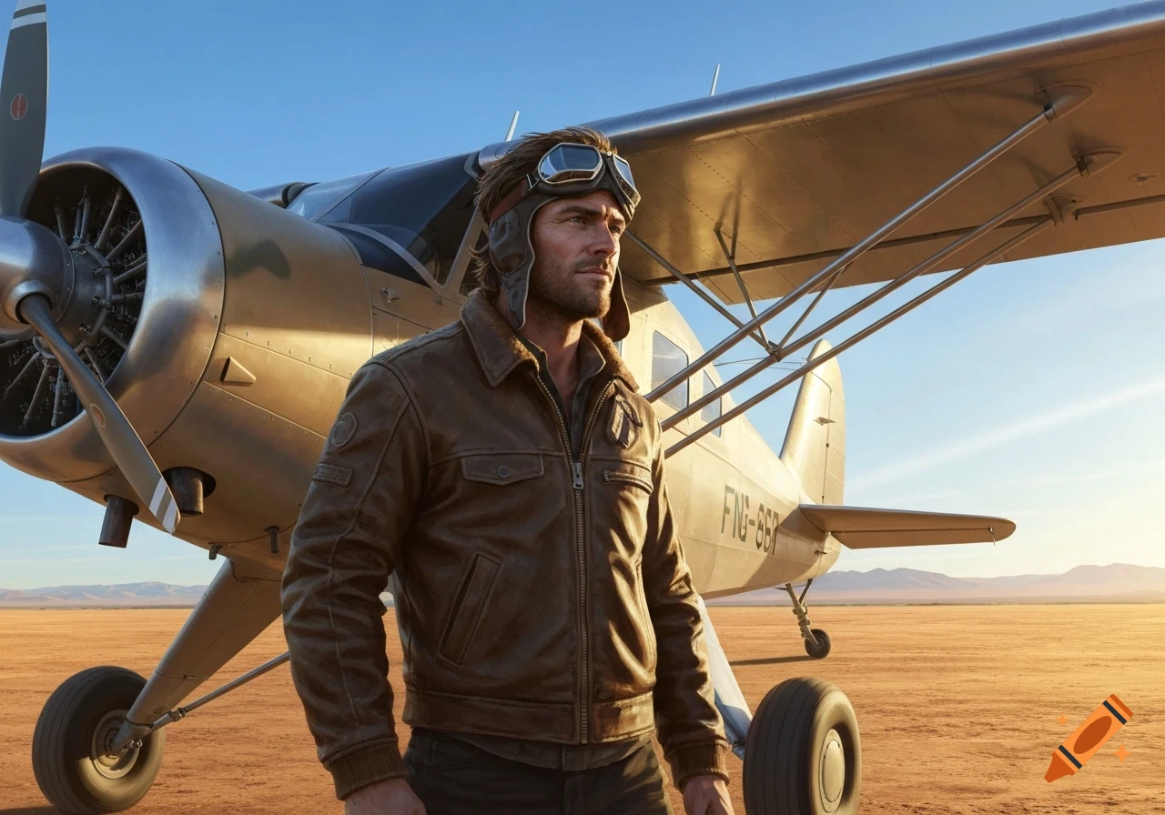 A man in a brown leather pilot jacket and goggles stands next to a small propeller plane in a sunny desert.