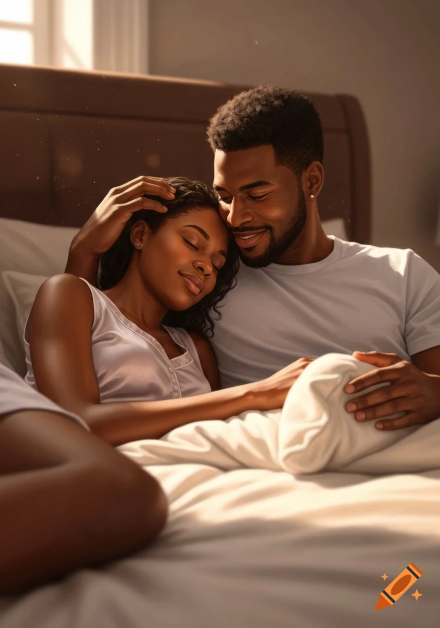 An African American couple cuddles in bed, the man holding the woman's head as she rests against him, a warm light fills the room.