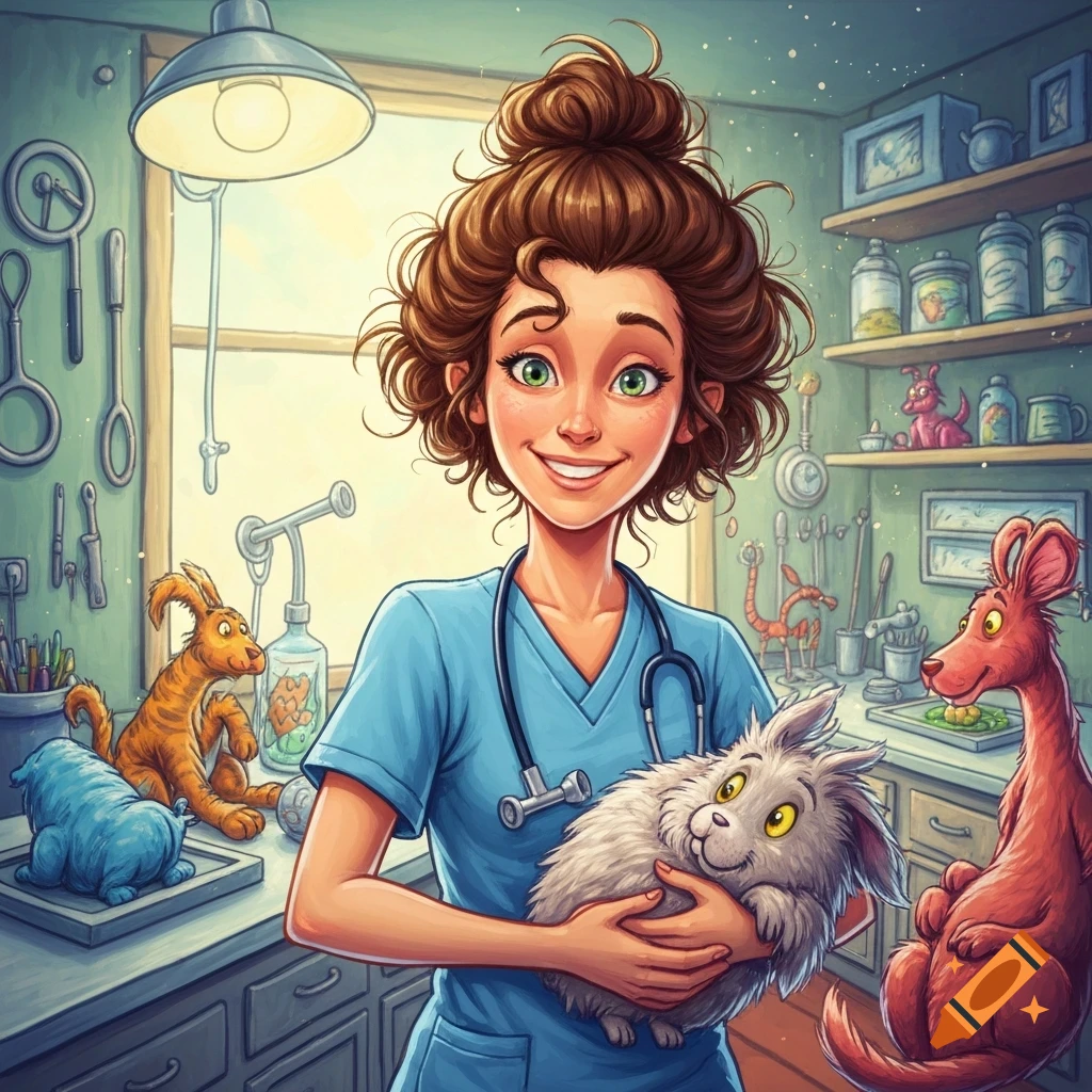 Dr. Seuss style veterinarian holding a fluffy white creature, surrounded by whimsical animals in a vet clinic.