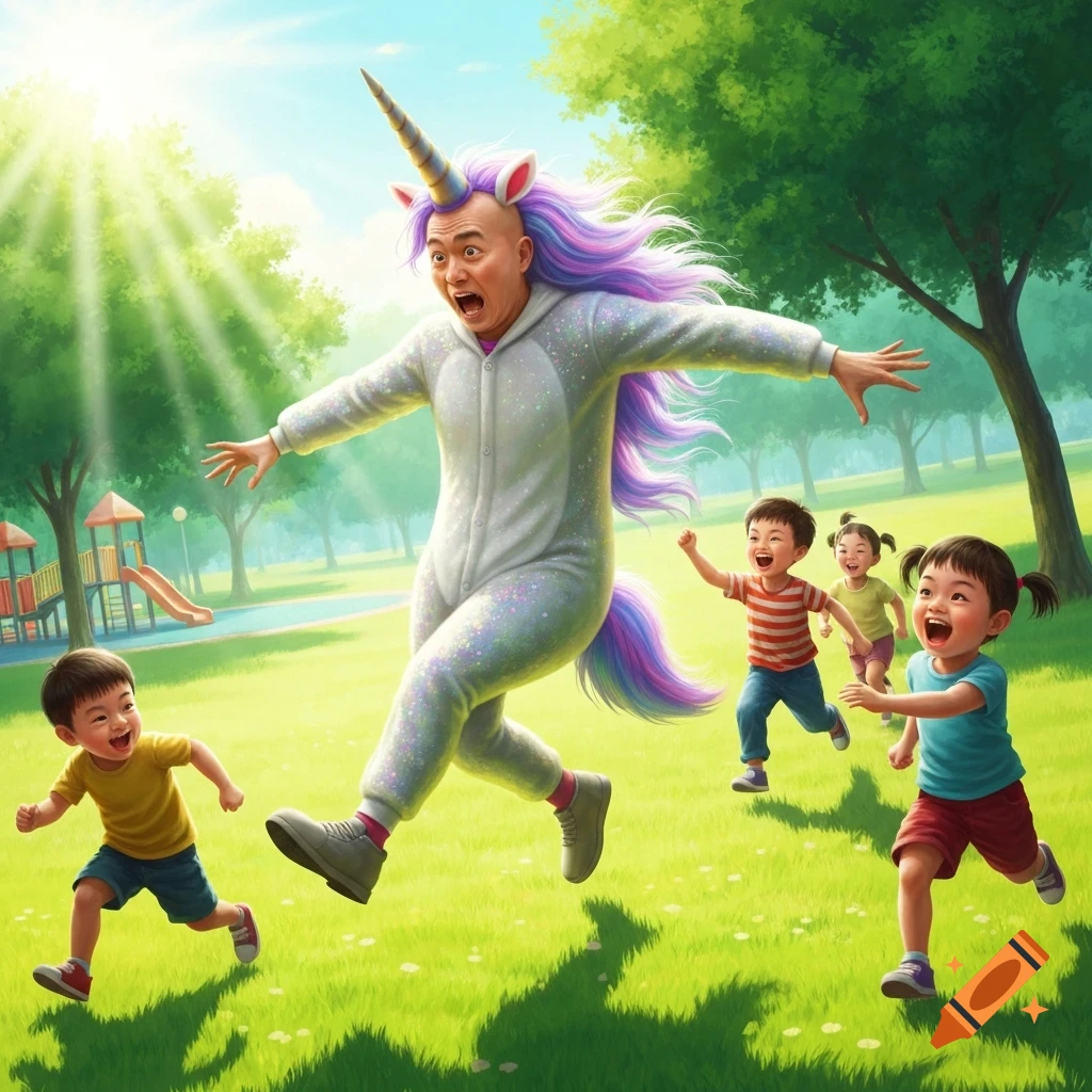 A bald man in a sparkly unicorn costume runs with wide eyes and open mouth, chased by four laughing Asian children through a sunny park.