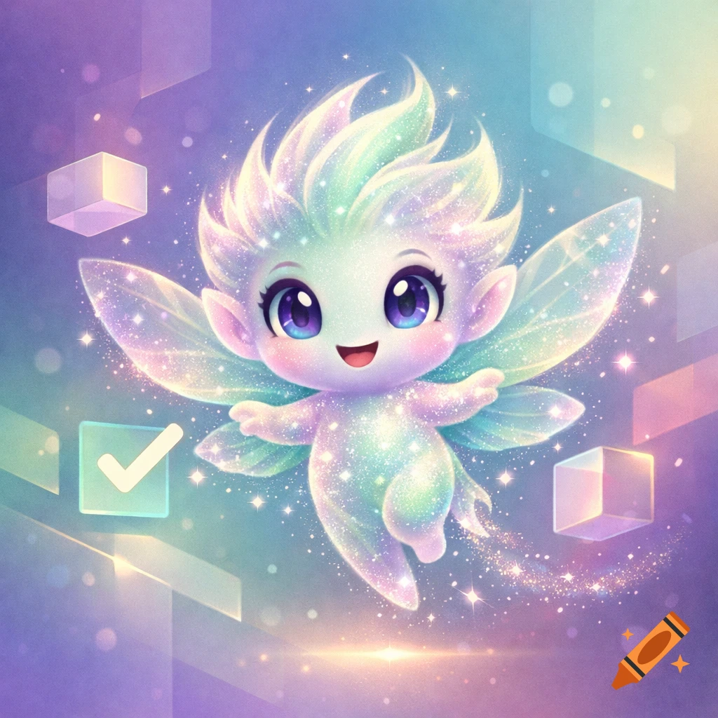 A cute, sparkly fairy with big purple eyes and iridescent wings floats in a magical purple and blue space with geometric shapes and a checkmark.