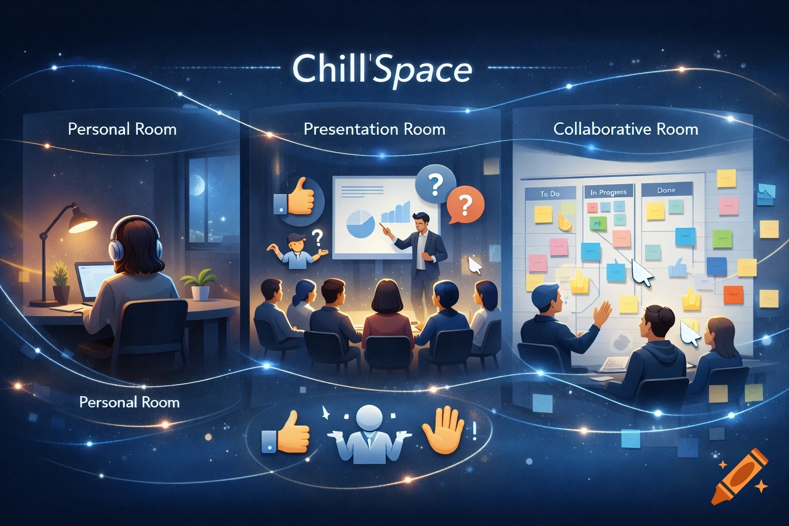 An infographic showing 'Chill'Space' virtual co-working with Personal, Presentation, and Collaborative rooms, featuring stylized people and UI elements.