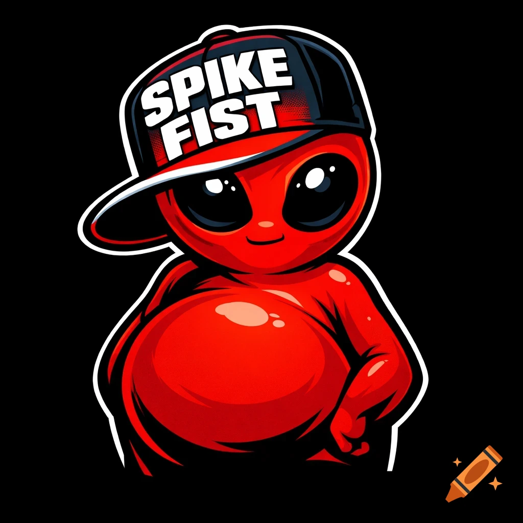 A red cartoon alien with big black eyes and a wide smile, wearing a black baseball cap with "SPIKE FIST" in white text, on a black background.