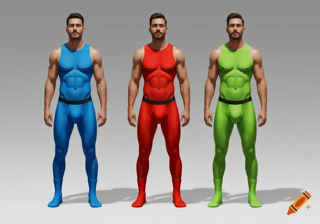 Three muscular men wearing blue, red, and green full-body one-piece underwear with matching socks in a photorealistic style.