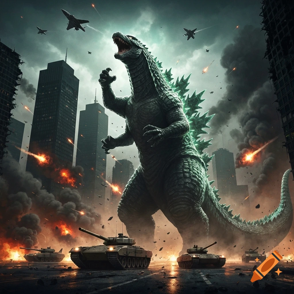 Photorealistic image of Godzilla roaring in a destroyed city street, surrounded by military tanks, jets, and explosions.