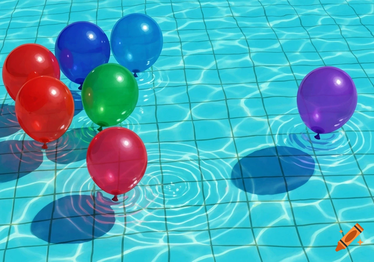Colorful red, blue, green, and purple balloons floating in a bright blue swimming pool with grid lines and water ripples.