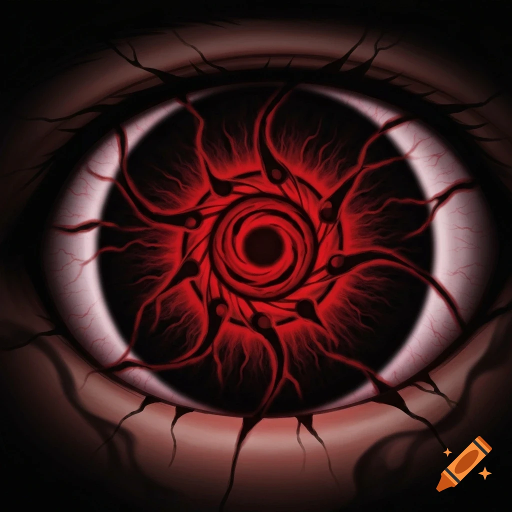 A close-up of a stylized red and black eye with intricate, swirling patterns, resembling a Mangekyo Sharingan.