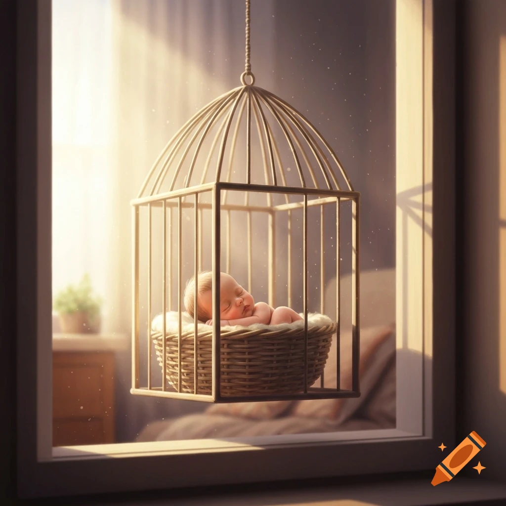 Photorealistic sleeping baby in a basket within a decorative birdcage, hanging by a sunlit window.