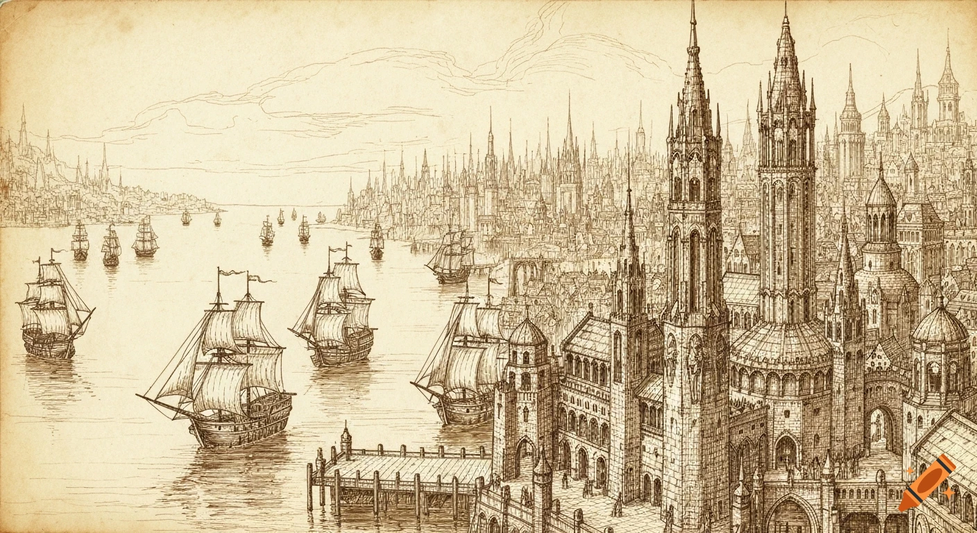 A detailed sepia pen and ink drawing of a bustling fantasy port city on a bay with many tall-masted ships.