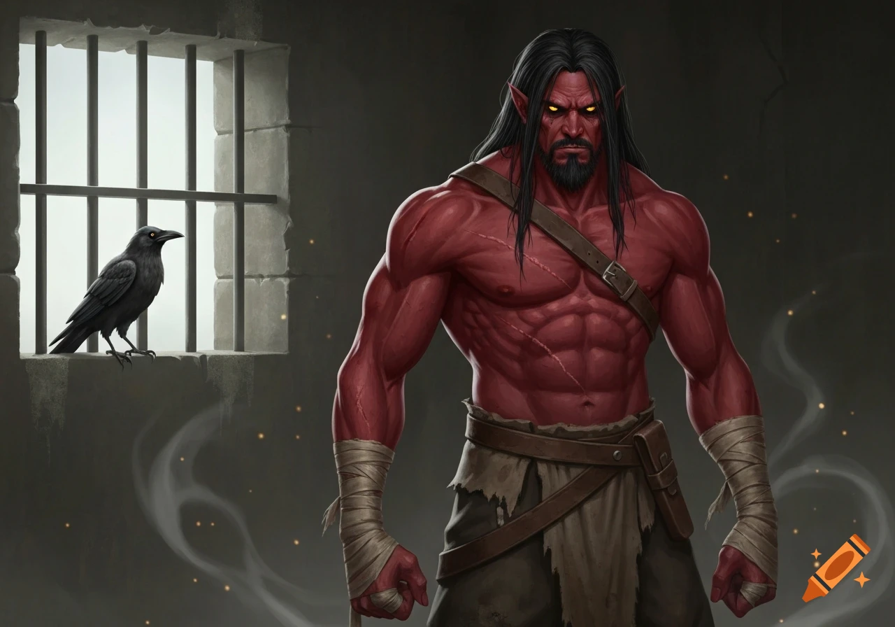 A muscular, red-skinned Tiefling with long black hair and glowing yellow eyes glares from a prison cell as a raven watches from outside the bars.