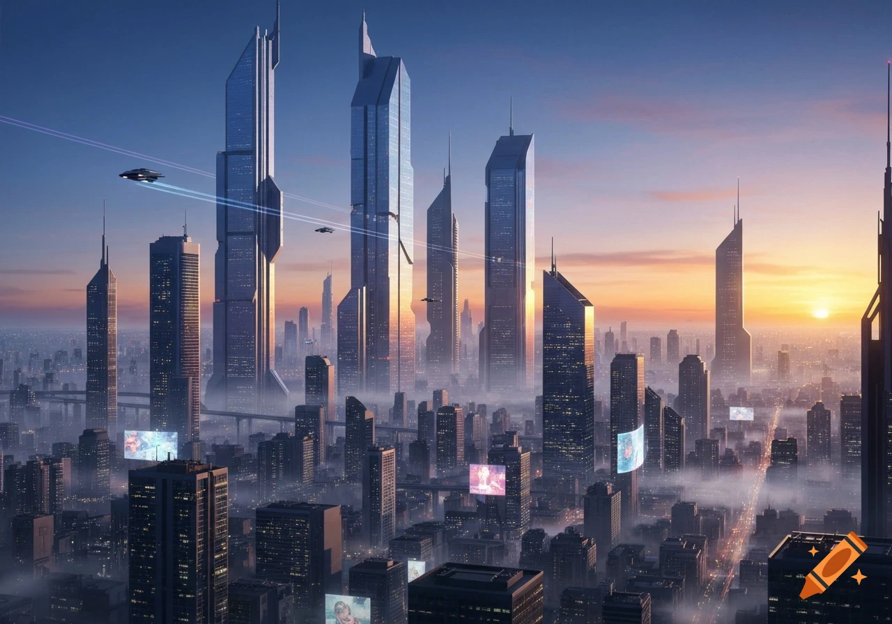 A photorealistic futuristic cityscape at sunrise, featuring towering skyscrapers, flying vehicles, and a hazy urban atmosphere.