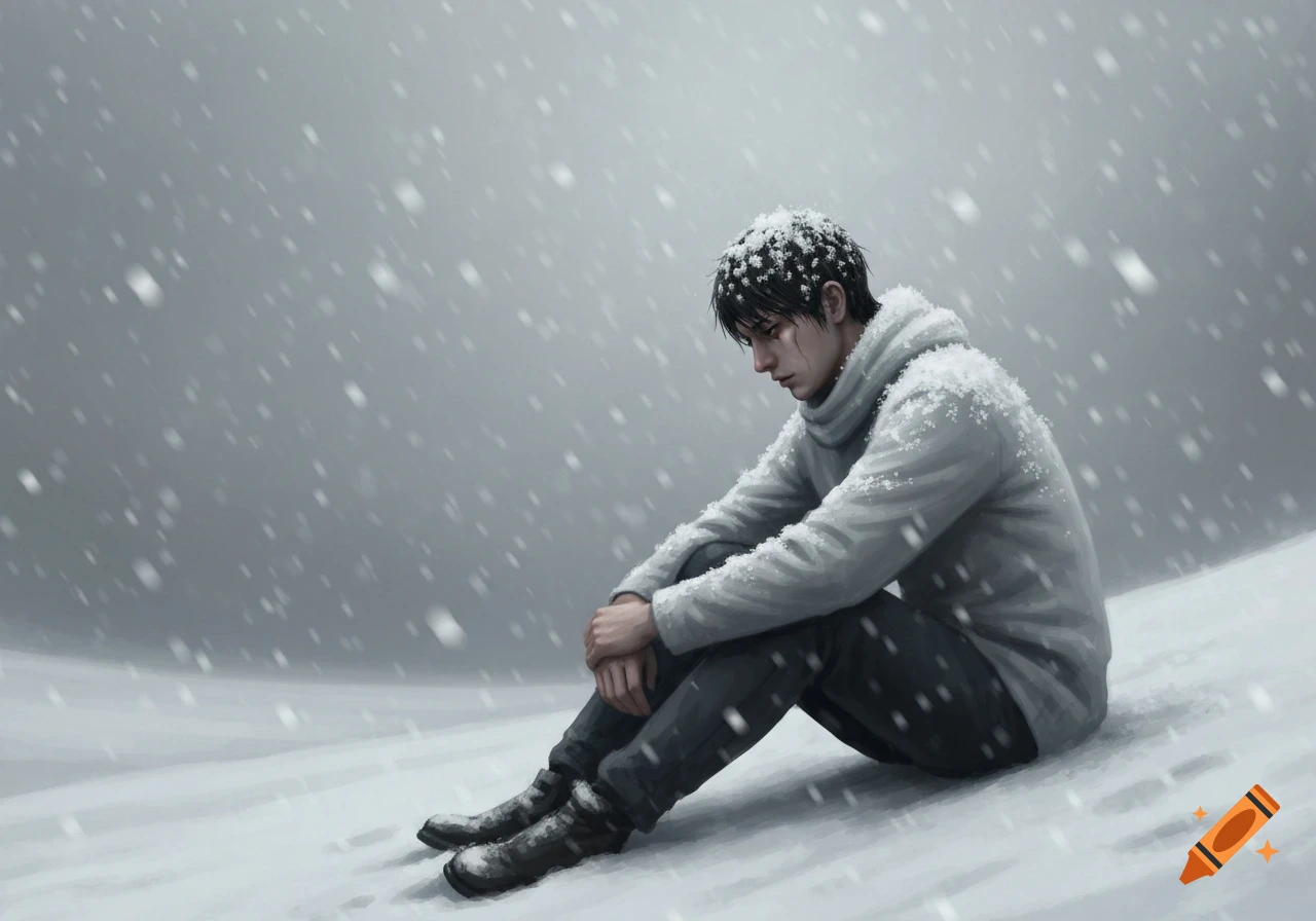 A sad young man sitting alone in a snowy landscape during a heavy snowfall, looking downcast.