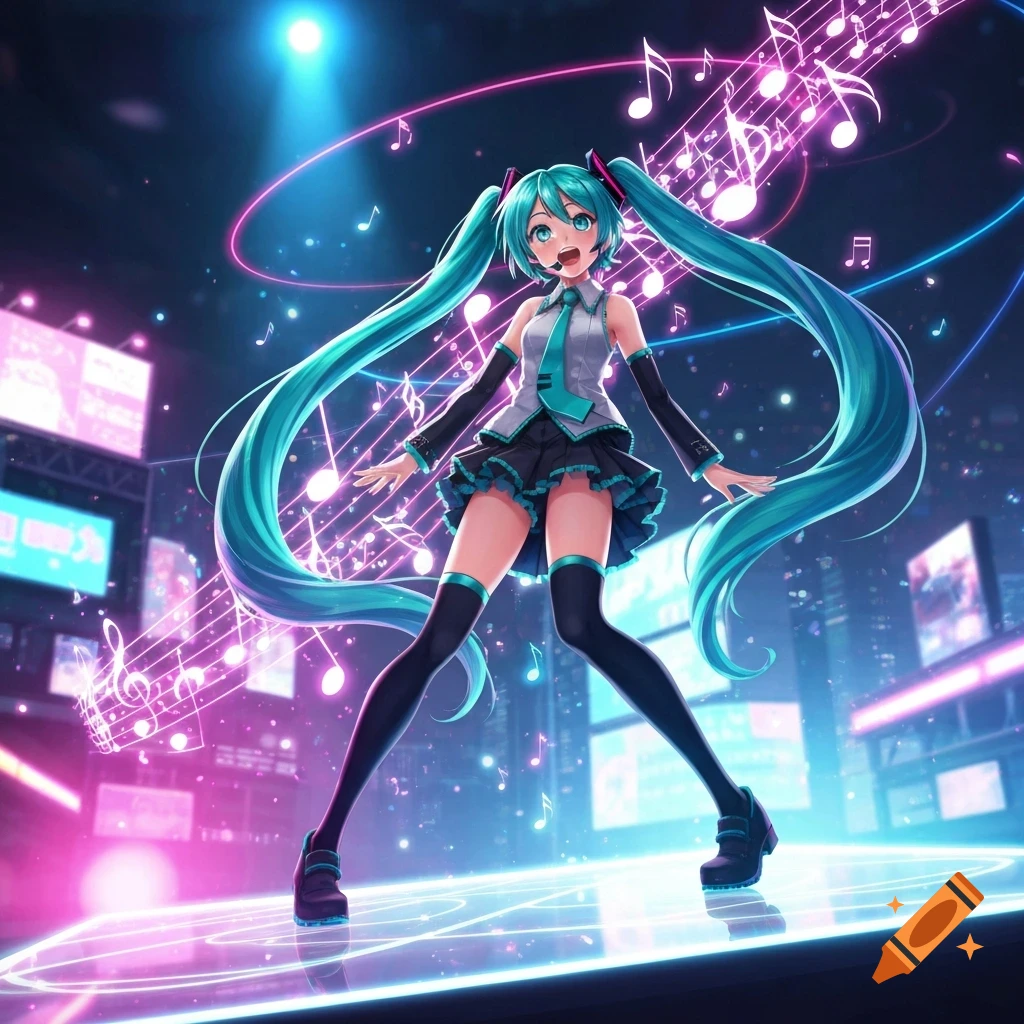 Hatsune Miku, an anime character with long teal pigtails, sings on a futuristic stage with glowing musical notes.