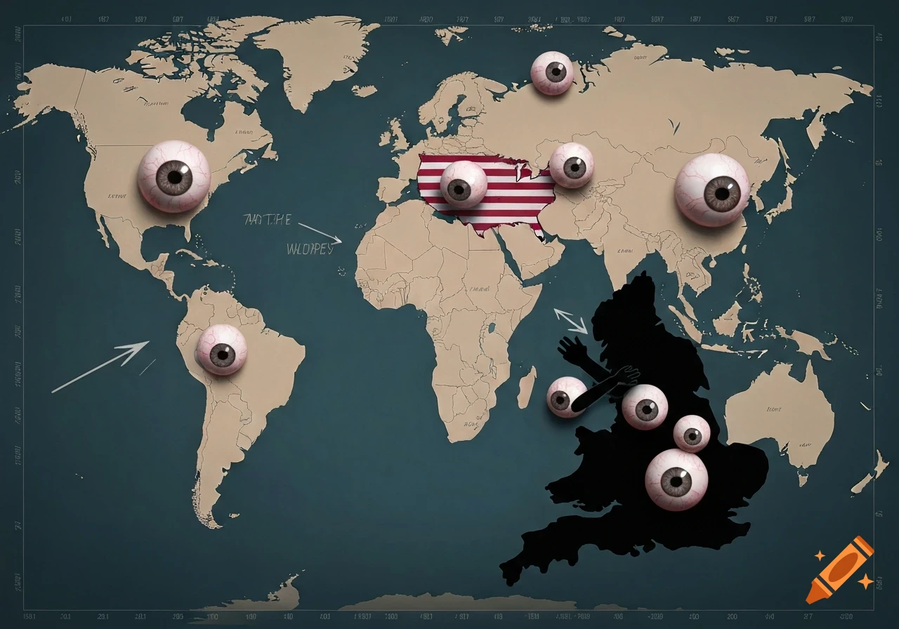 A world map with large, stylized eyeballs on several continents, appearing to look towards the USA, which has American flag stripes. England is a black silhouette with eyeballs and hands, looking away.