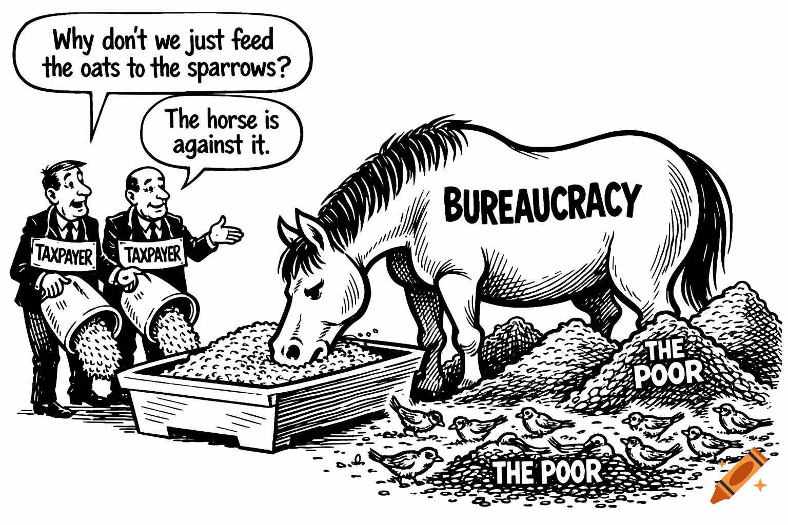 Black-and-white political cartoon showing 'Taxpayer' men feeding oats to a 'Bureaucracy' horse, while 'The Poor' sparrows peck at manure.