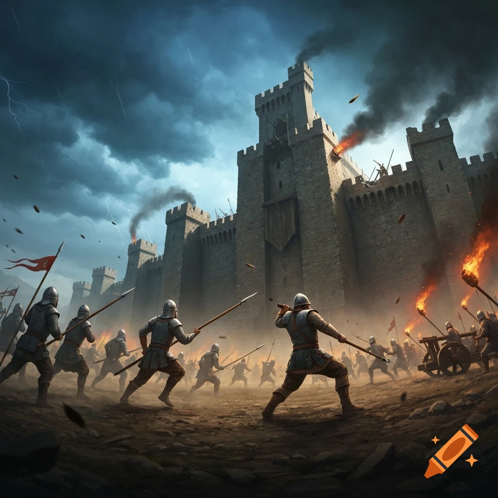 Medieval soldiers attack a burning castle under a stormy, lightning-filled sky in an epic battle scene.
