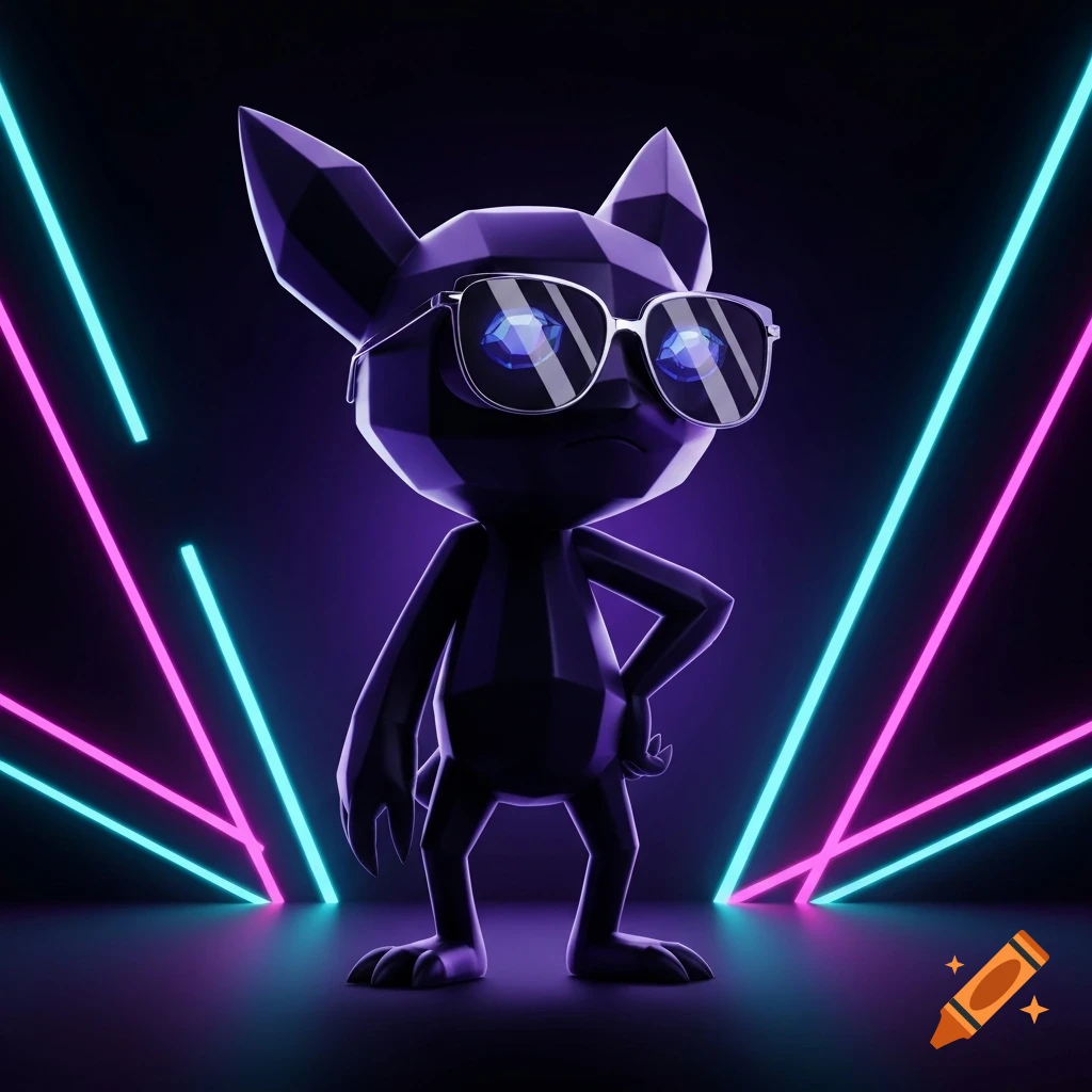 A low-poly dark purple Sableye in white sunglasses stands in a neon-lit room with pink and cyan lights.