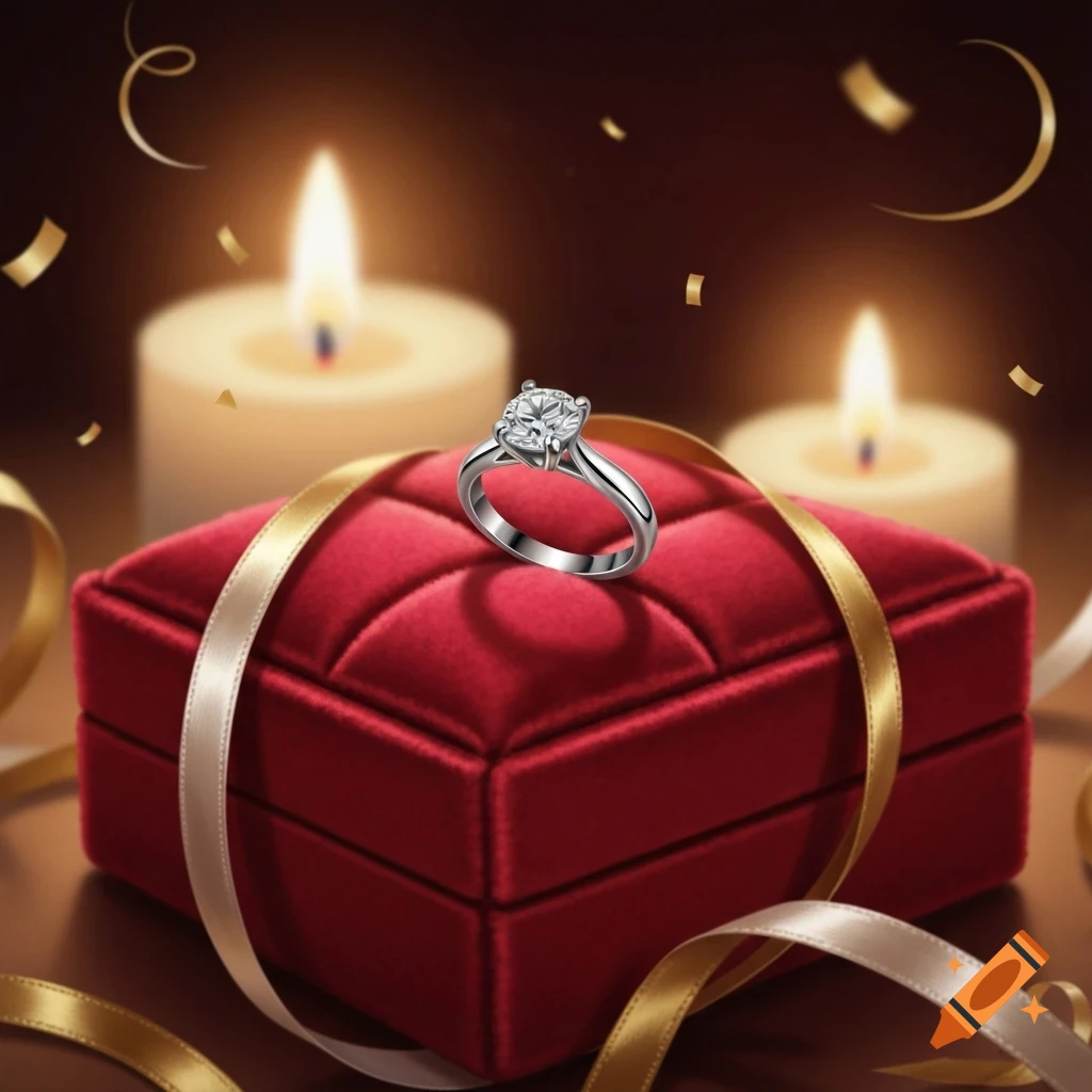 A sparkling diamond ring on a red velvet box with golden ribbons and confetti, lit by two candles in the background.