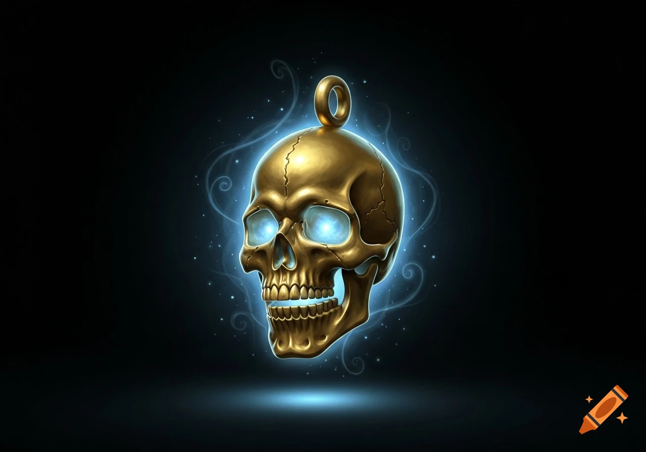 A golden skull amulet with glowing blue eyes and teeth, surrounded by a light blue magical aura and sparkling particles on a dark background.