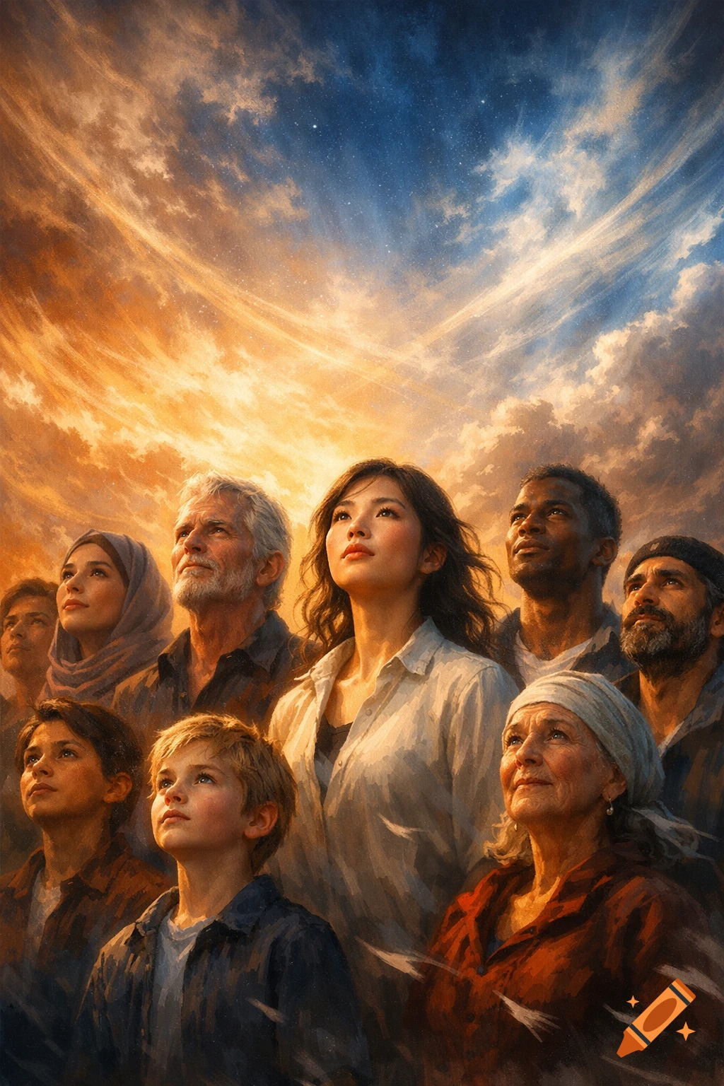 Diverse group of people of various ages and ethnicities gaze upwards with hope at a dramatic, swirling orange and blue sky, digital painting.