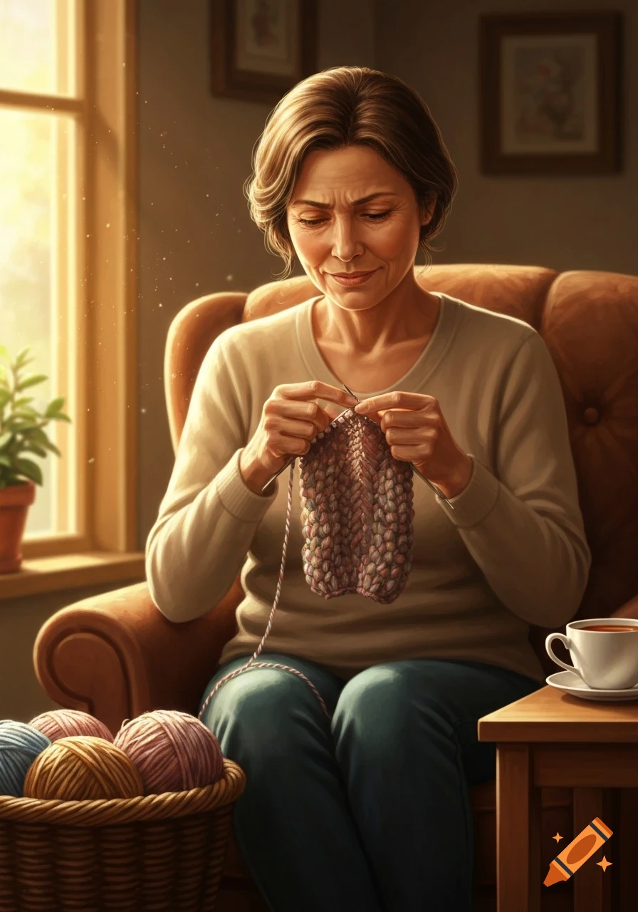 A photorealistic image of an adult woman knitting in a comfy chair by a sunny window, with a basket of yarn beside her.