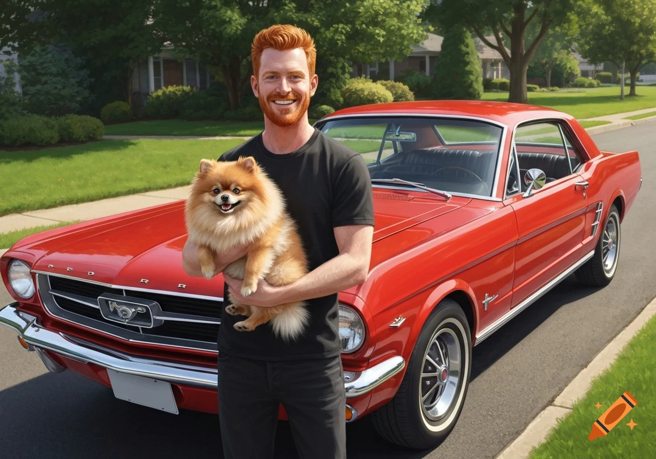 A smiling ginger man in a black shirt holds a fluffy Pomeranian dog in front of a shiny red Ford Mustang on a suburban street.