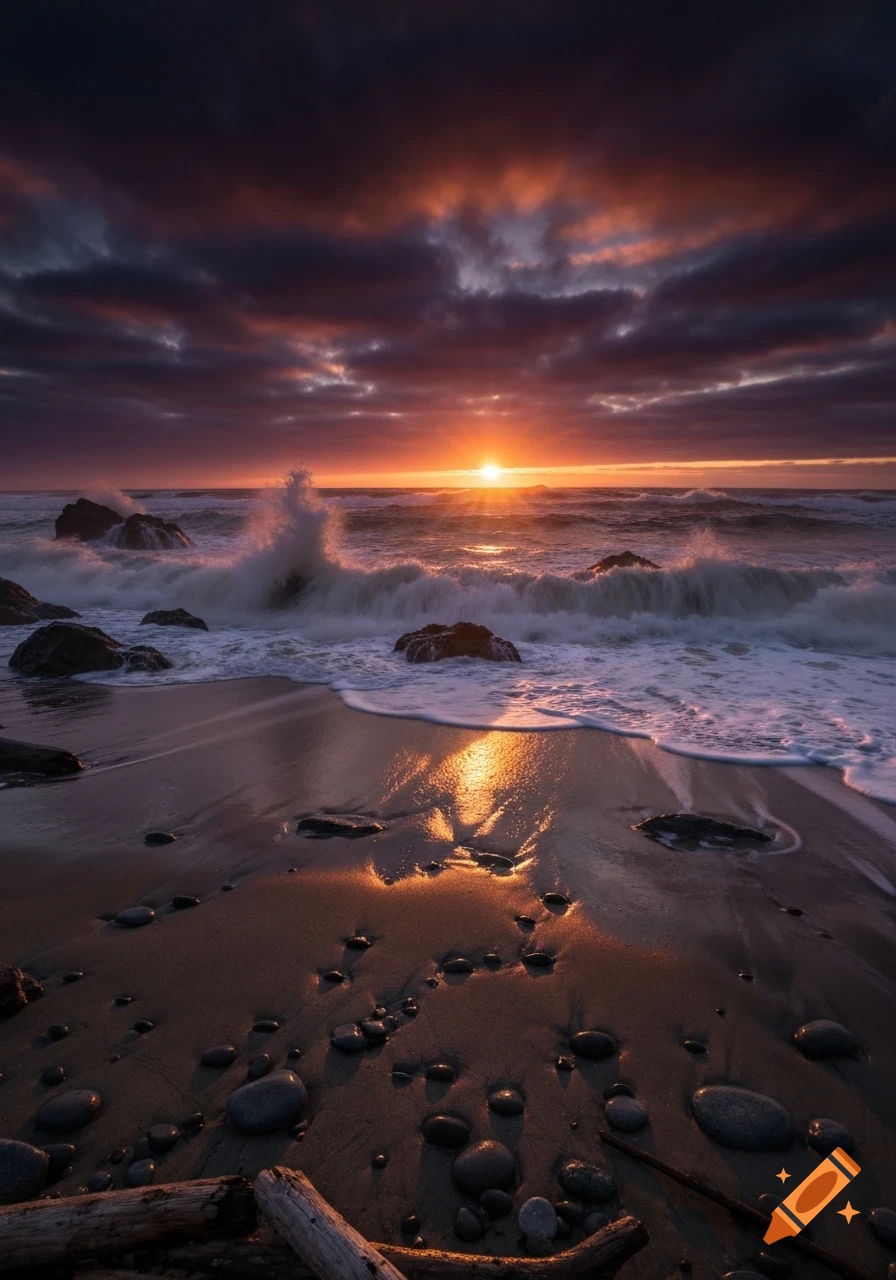 Dramatic photorealistic sunset over a rocky beach with crashing waves under dark, cloudy skies.