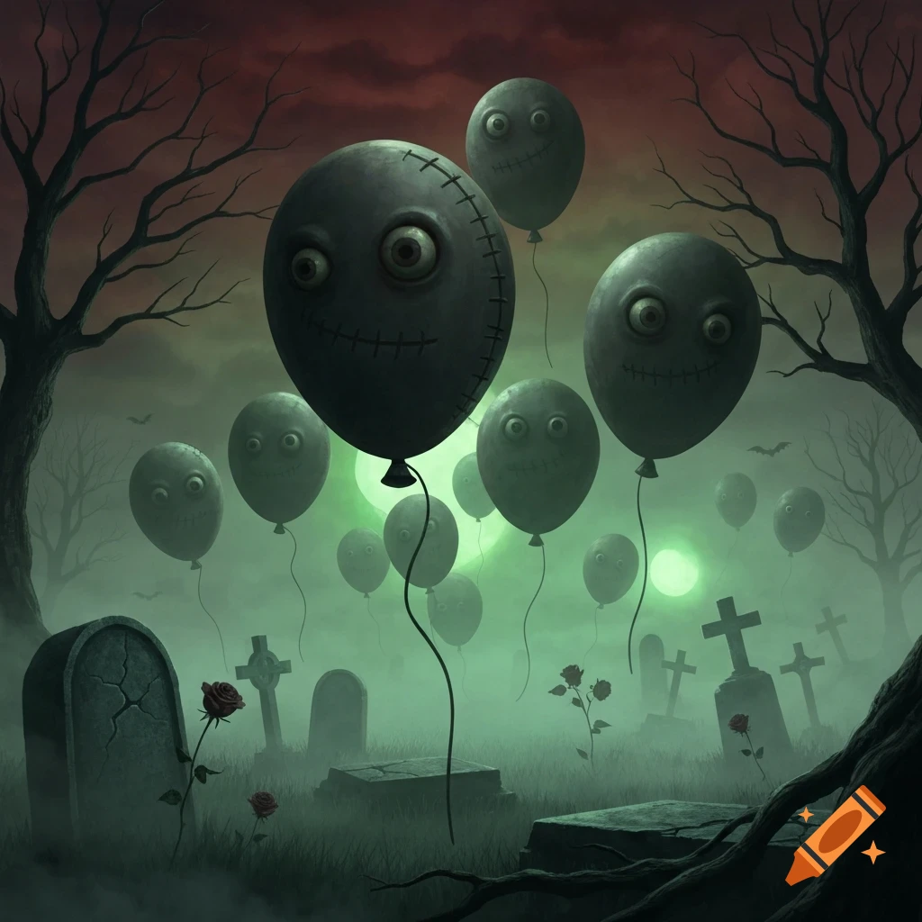 Eerie, dark gray balloons with stitched faces float above a foggy graveyard with gravestones and bare trees under a blood-red sky.