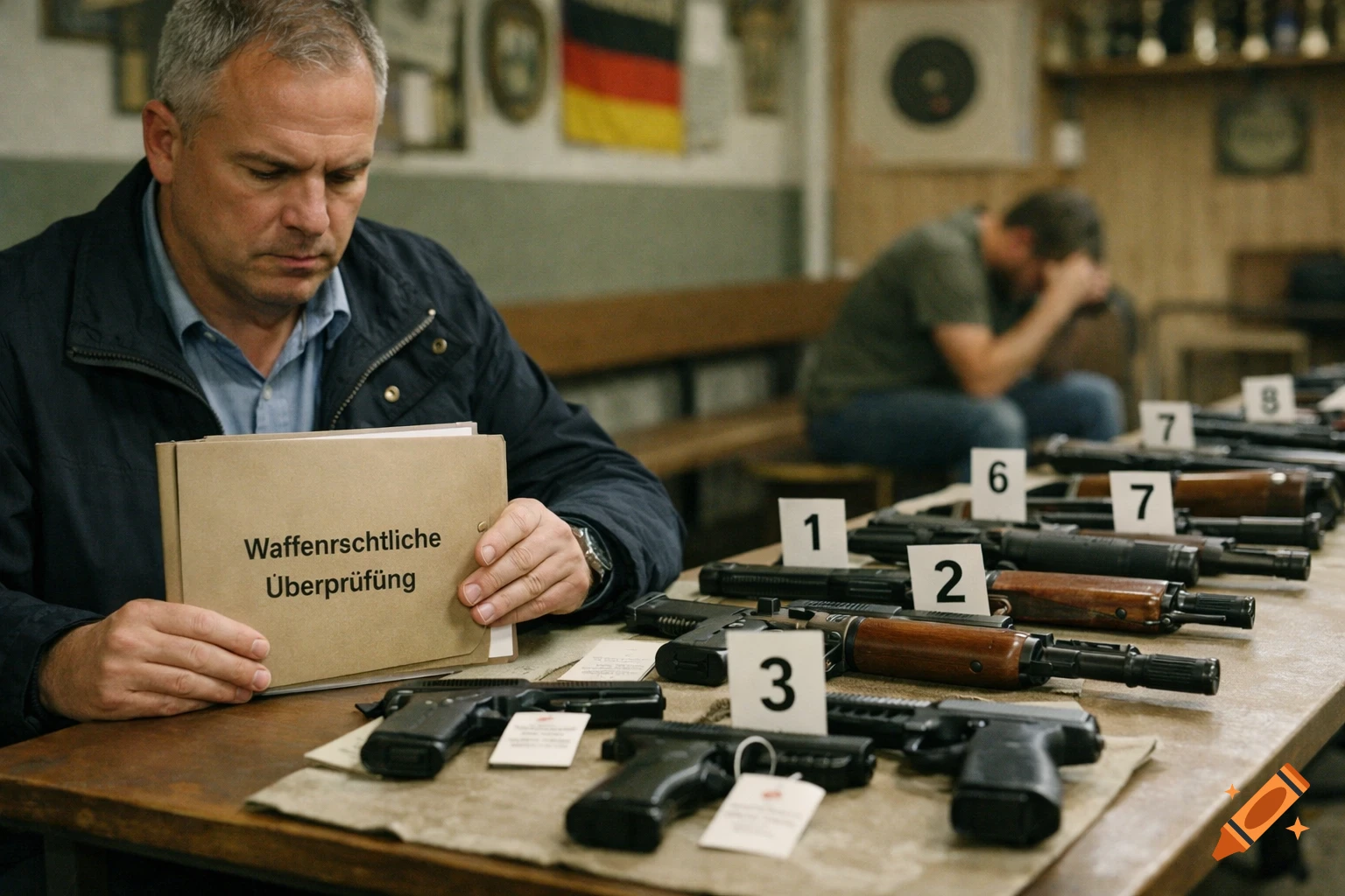 Man holding a folder labeled "Waffenrechtliche Überprüfung" next to confiscated sports weapons on a table, another man distressed in the background.