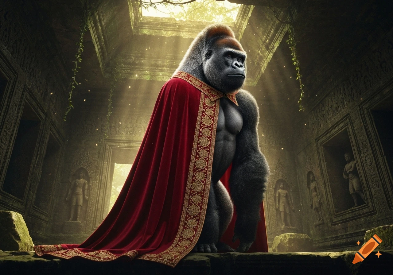 A majestic gorilla in a red and gold cape stands regally in sunlit ancient temple ruins, moss and vines clinging to the stone.