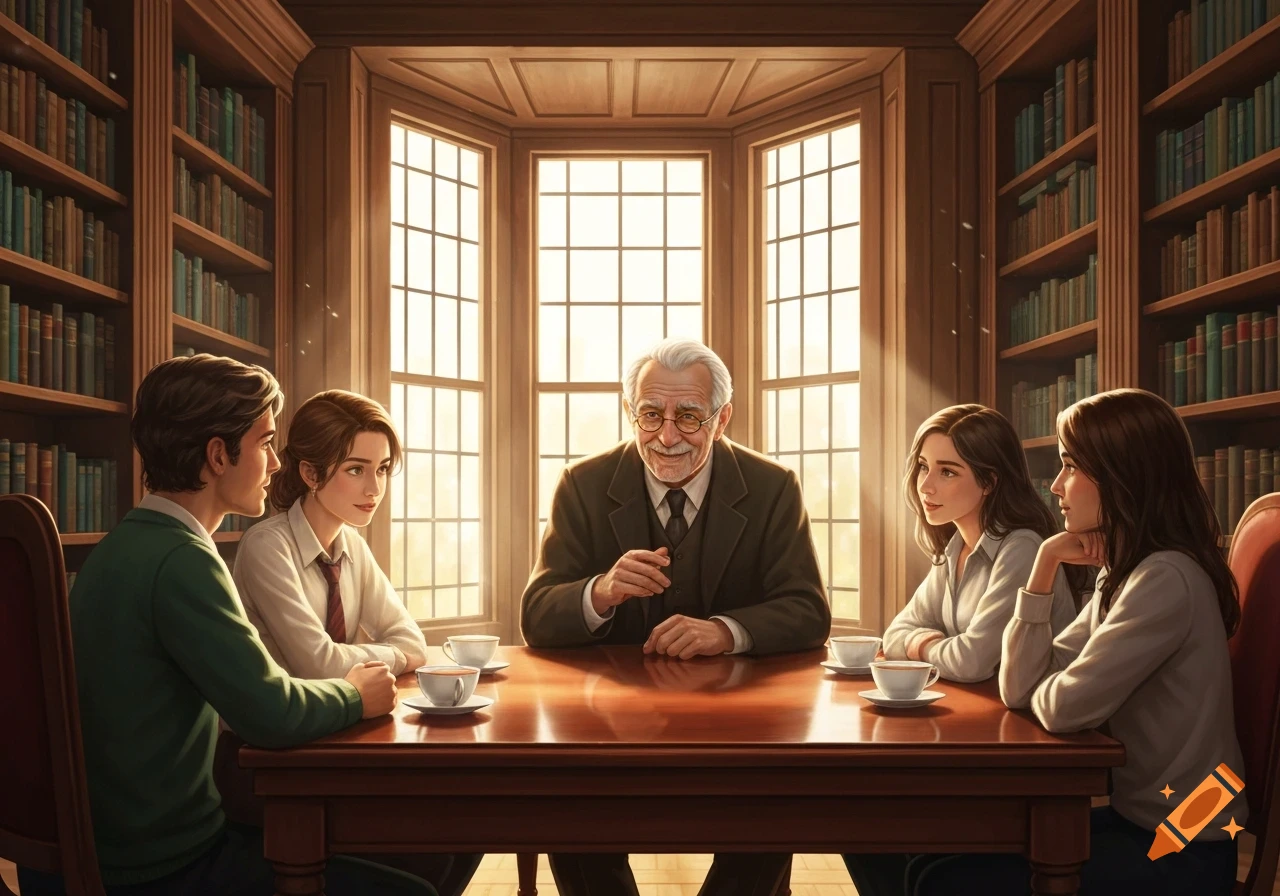 An older professor and four young students sit around a large wooden table, having tea in a sunlit library.