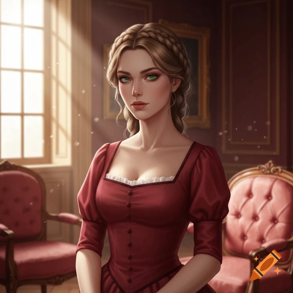 A young woman with braided light brown hair and emerald green eyes wearing a red 19th-century dress in a regal room.