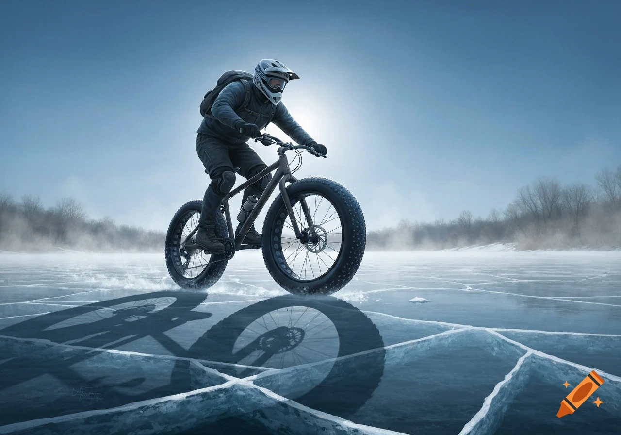 A man on a fat-tire bike rides across a frozen river with cracked ice patterns under a clear winter sky.