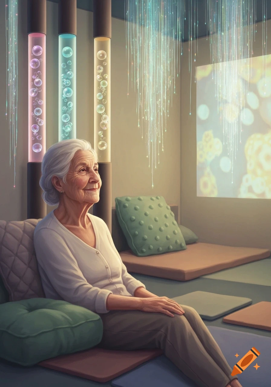 An older woman with white hair smiles, relaxing in a sensory room with colorful bubble tubes, glowing fiber optics, and projected light patterns.