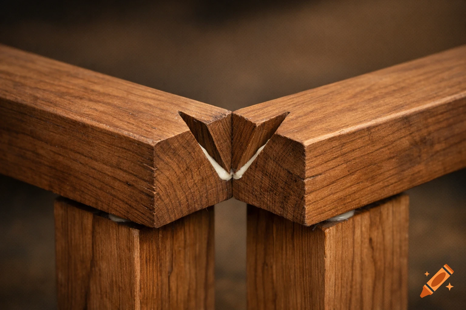 Close-up of a wooden V-notch joinery connecting two parallel beams, with white glue visible at the joint.