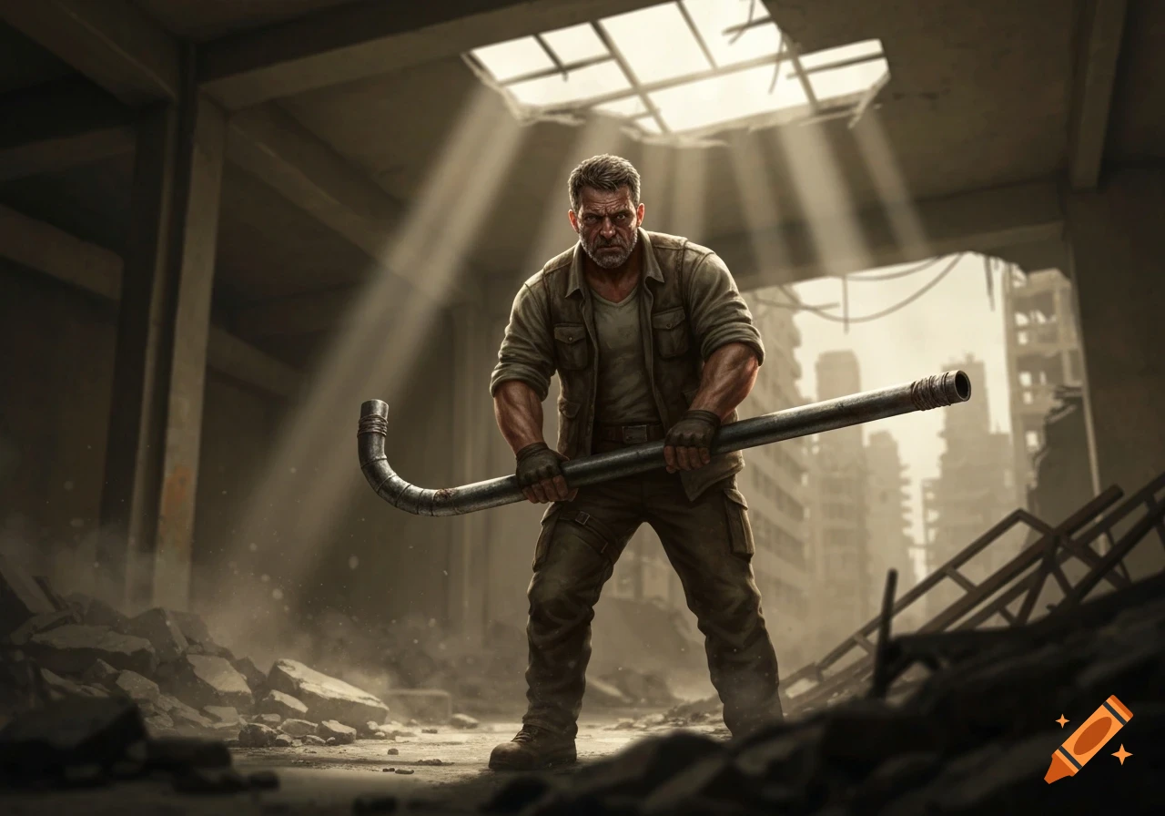 Rugged man with beard holds a bent pipe in a ruined building, lit by dramatic sun rays. Photorealistic style.
