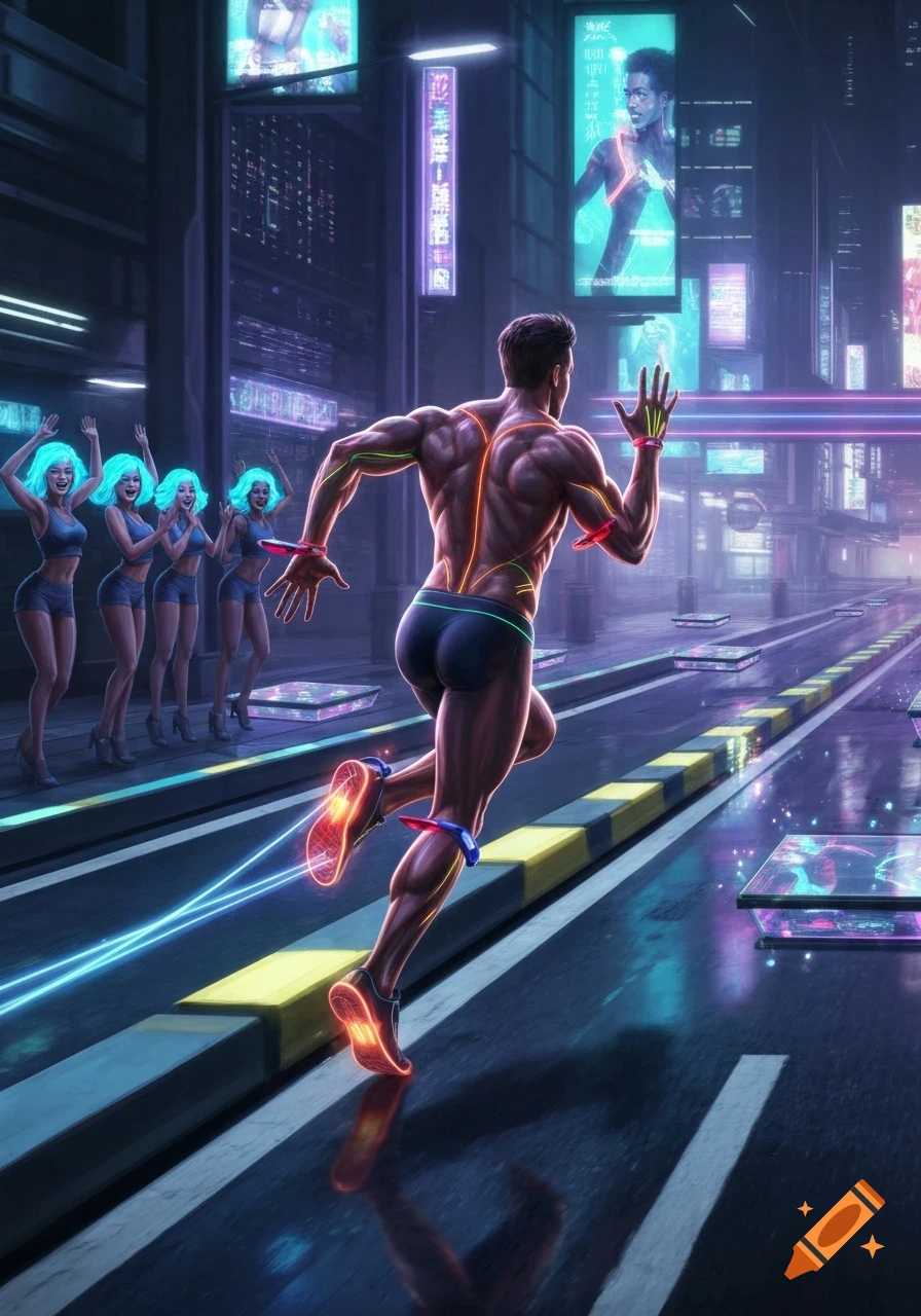 A muscular man sprints through a neon-lit cyberpunk city at night, cheered by women with glowing blue hair.