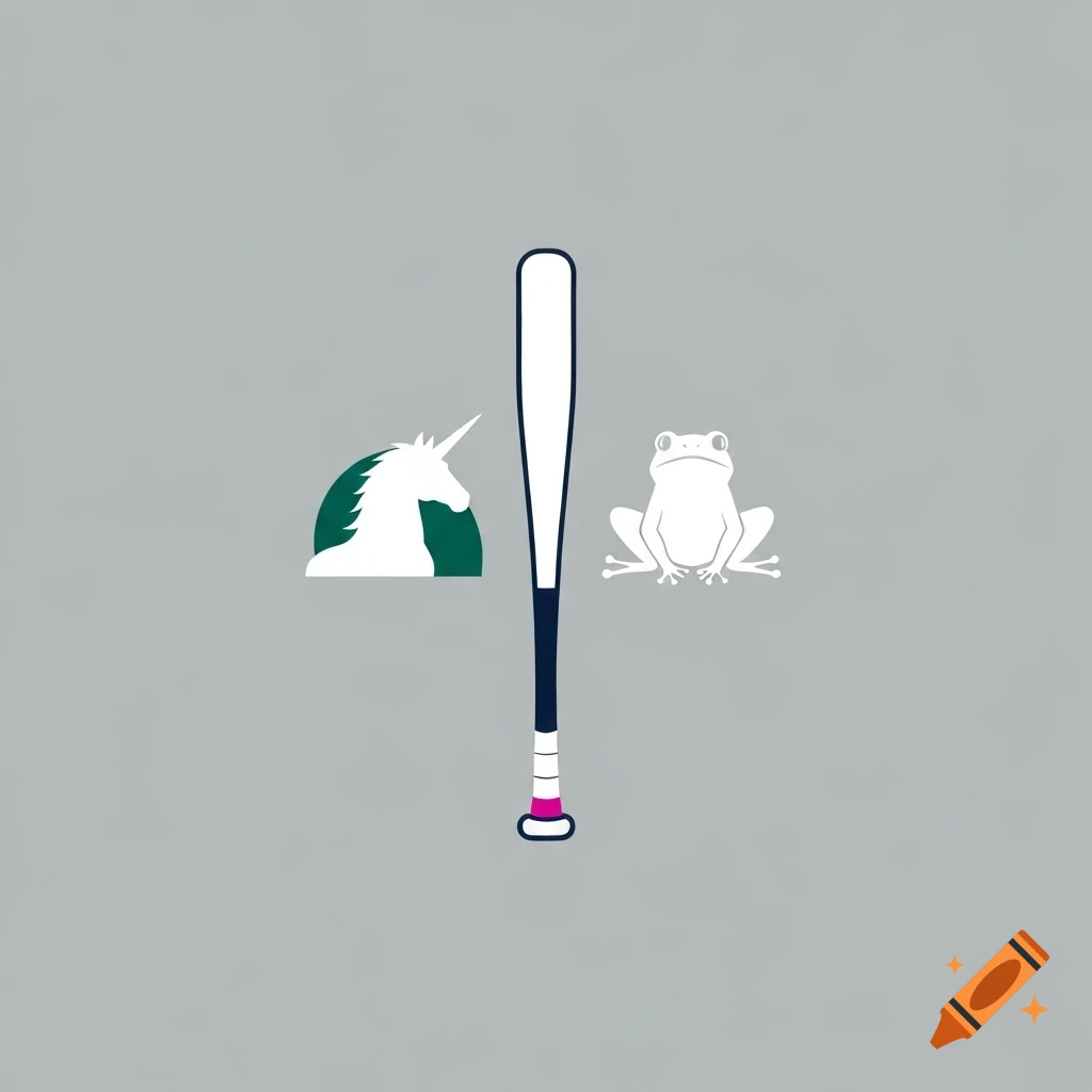 Minimalist design with a white unicorn head, a baseball bat, and a white frog symmetrically arranged on a gray background.