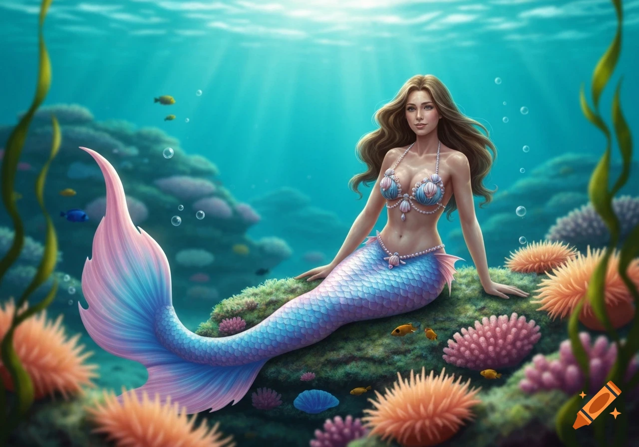 A fantasy mermaid with brown hair, blue and pink tail, and a shell bikini top, sits on a coral reef in a sunlit underwater scene.