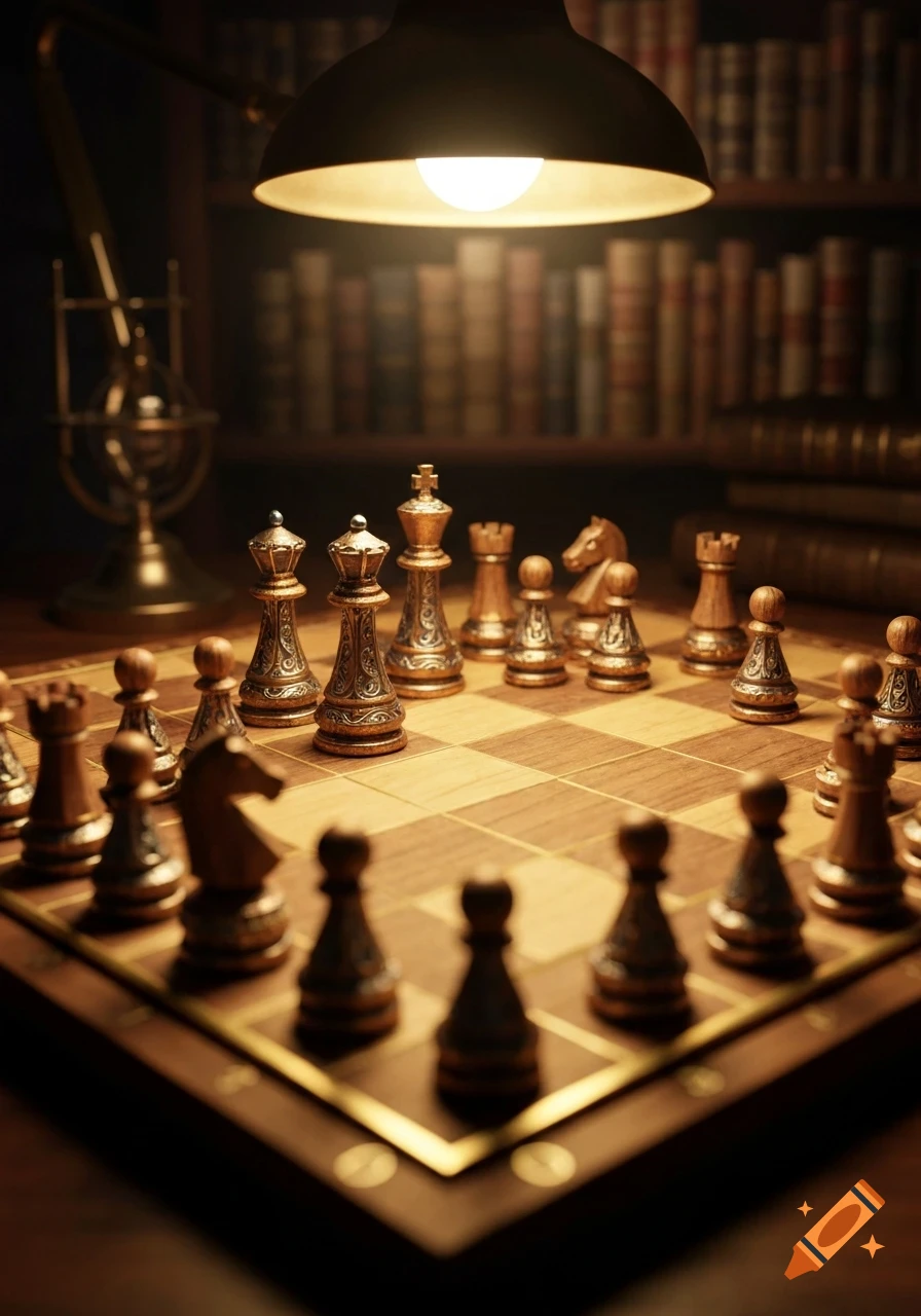 An ornate chess set on a wooden board under a desk lamp, with blurry bookshelves in the background in a photorealistic style.