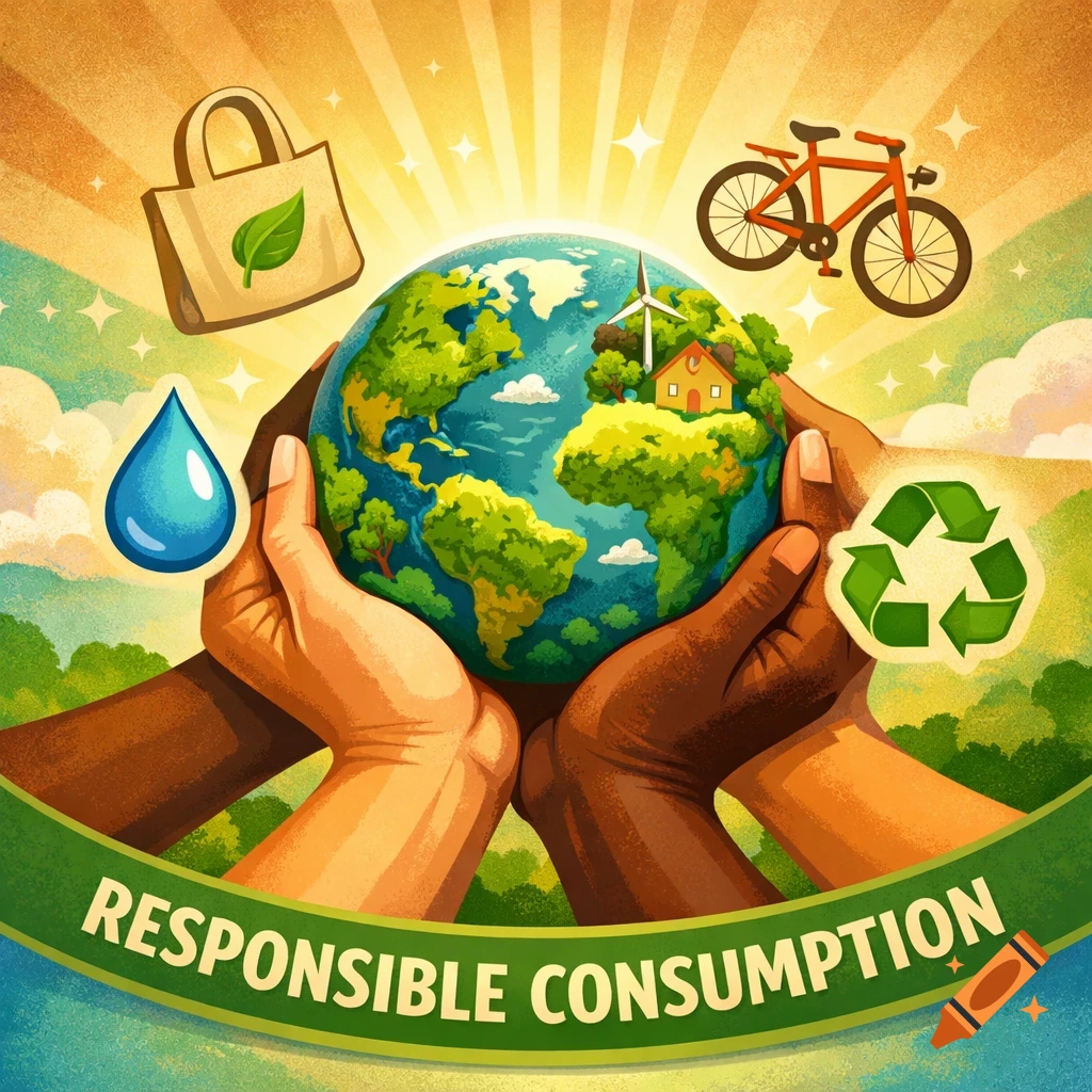 Stylized illustration of diverse hands holding the Earth, surrounded by sunbeams and eco-friendly symbols. A banner reads 'RESPONSIBLE CONSUMPTION'.