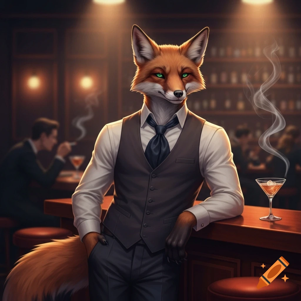 An anthropomorphic fox in a suit vest leans on a bar counter, with a smoking cocktail in a dimly lit lounge.