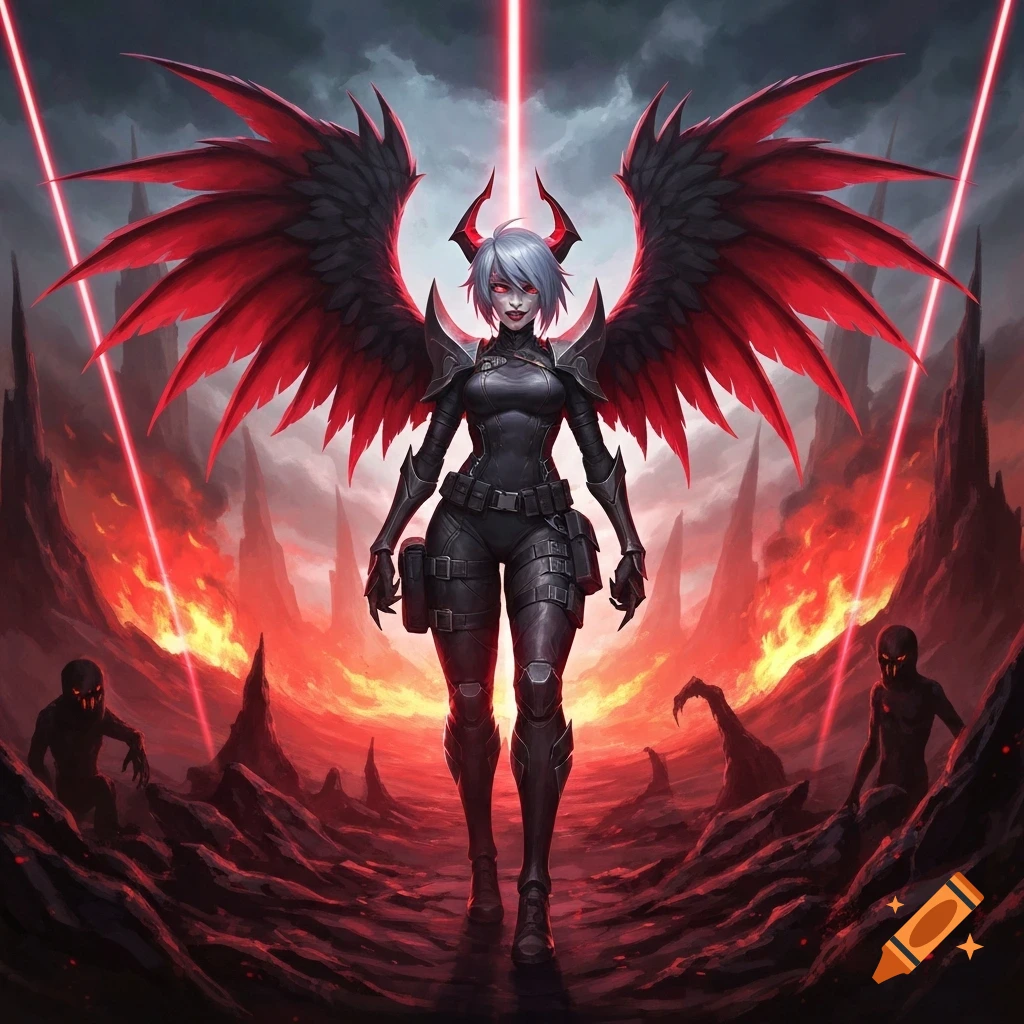 A demon character with white hair, red horns, and large red and black wings stands in a fiery, volcanic landscape with red lasers.