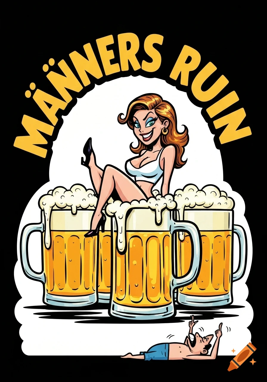 Cartoon of a smiling woman in a bra and shorts sitting in giant beer mugs, with the text 'MÄNNERS RUIN' above and a man collapsed below.