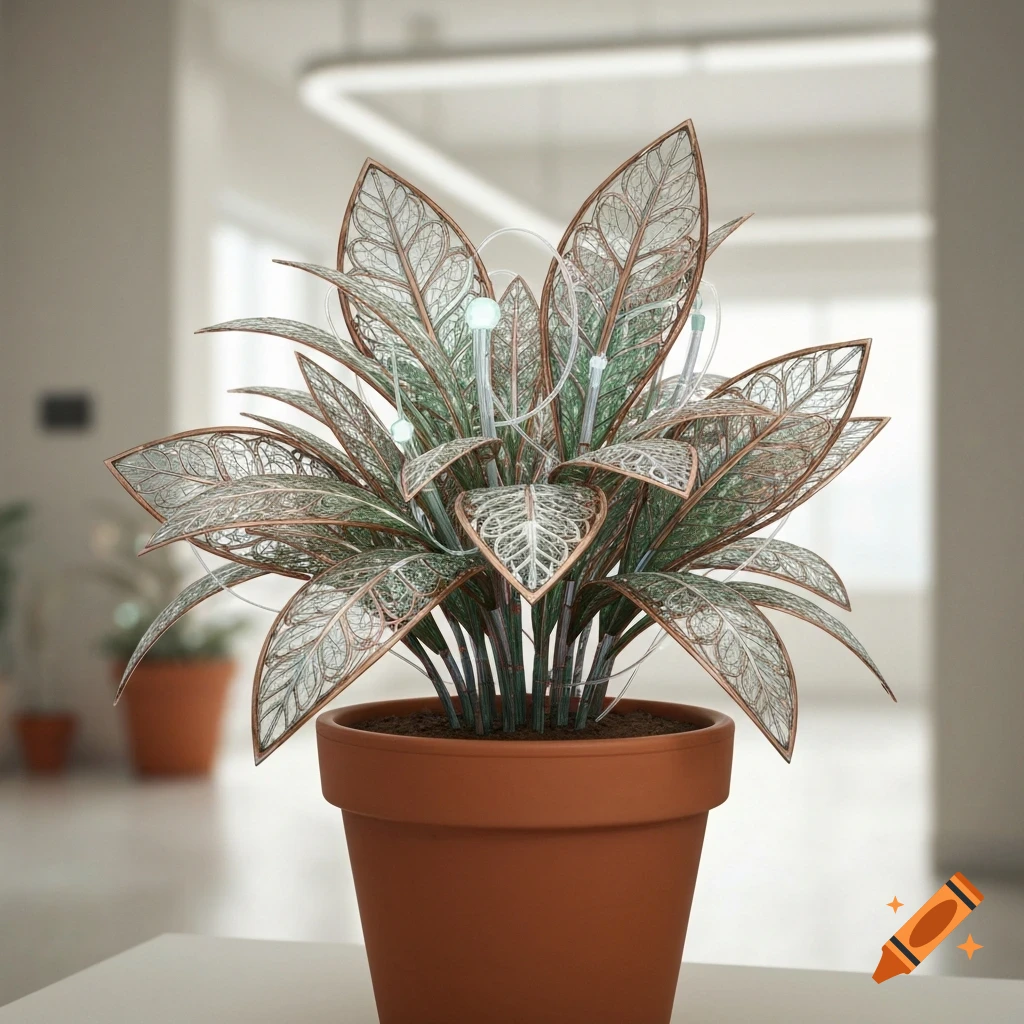 A stylized, mechanical plant with intricate, translucent leaves and glowing green nodes in a terracotta pot, set in a bright indoor environment.