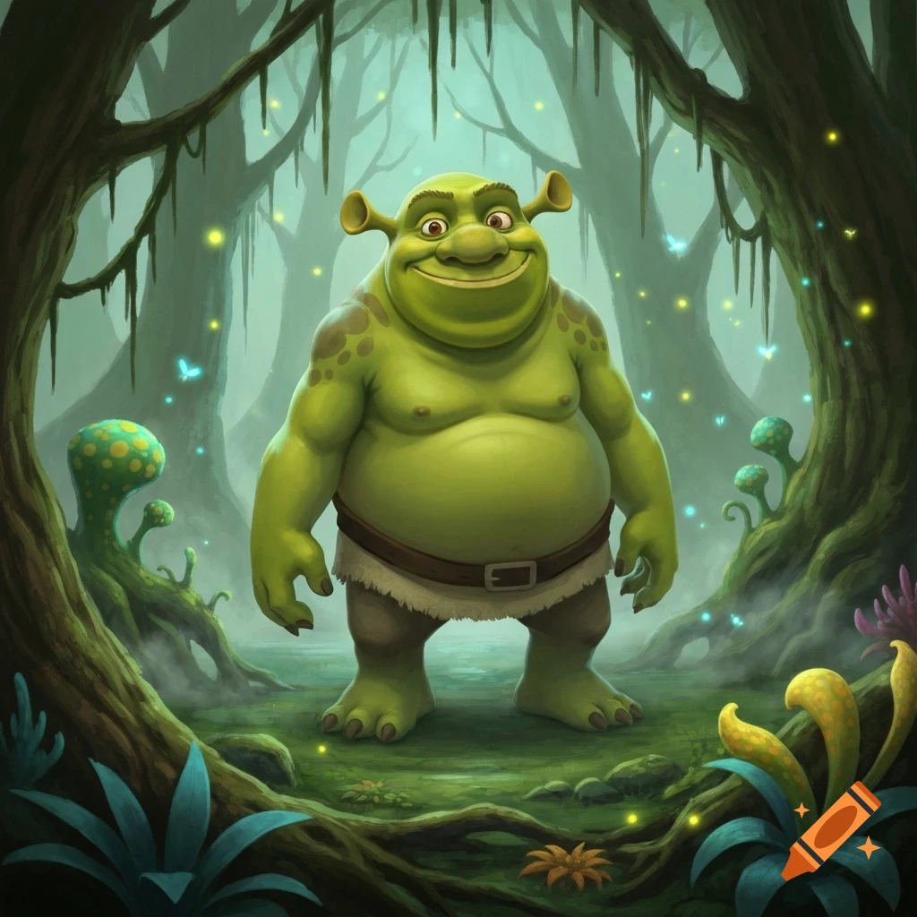 A smiling, green, ogre-like character, reminiscent of Shrek, stands in a mystical, bioluminescent swamp forest.