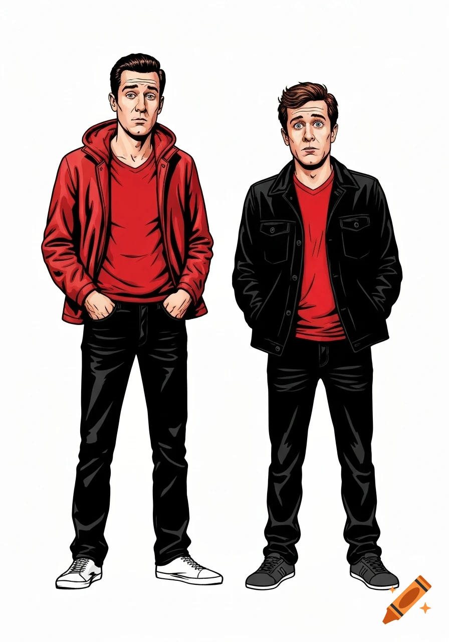 Comic illustration of two men in red shirts and black jackets/hoodie, standing on a white background.