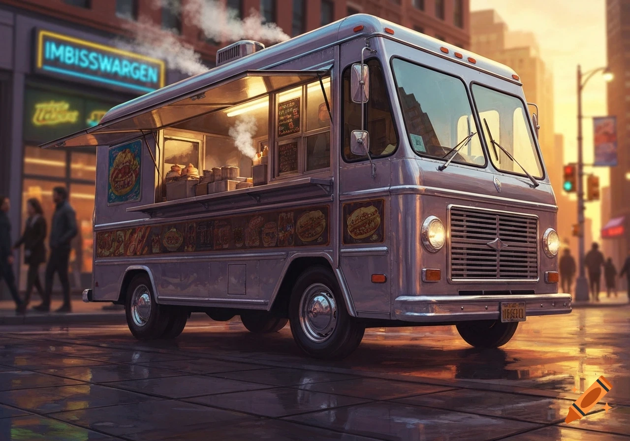 A detailed, photorealistic food truck with its serving window open, parked on a city street at sunset with warm lighting and reflections on the wet pavement.