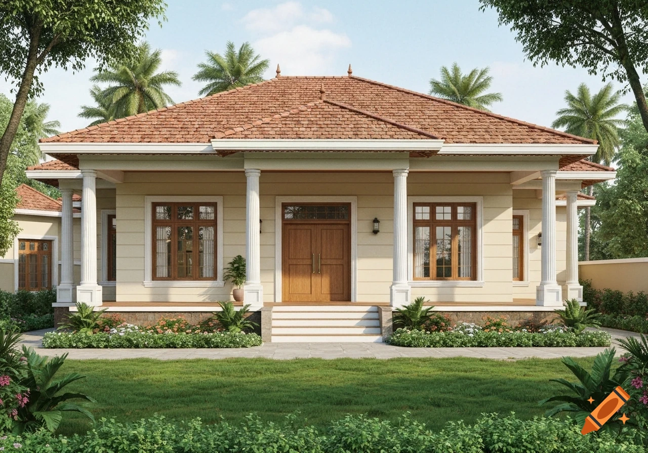 A realistic rendering of a single-story colonial Kerala house with a red tile roof, cream walls, white columns, and a tropical front yard.