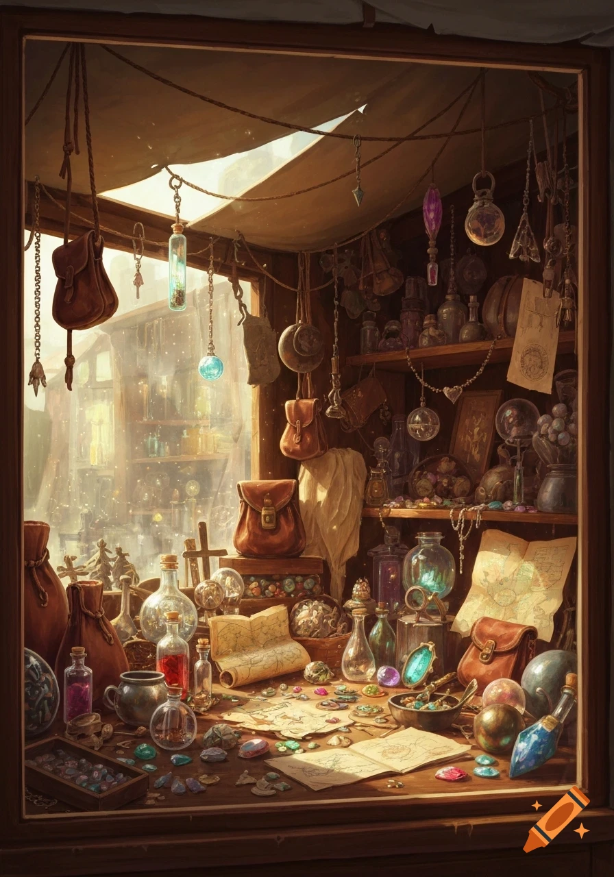 A cluttered, magical shop window filled with old maps, potions, gems, leather bags, and various trinkets, bathed in warm light filtering from above.